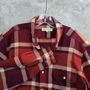 FAR AFIELD Size Large Larry Plaid Flannel Shirt Red Long Sleeve Button Up Check